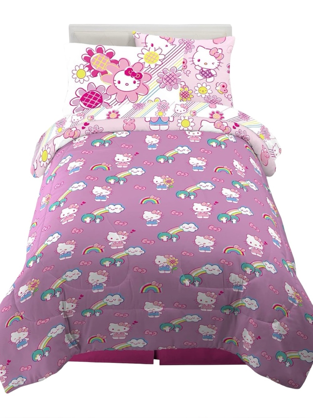 Hello Kitty Rainbow Garden Girls 5 Pc Pink Reversible Comforter Sheets Set Twin - Picture 2 of 11